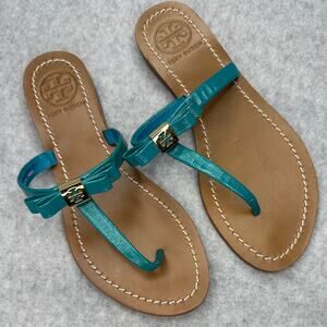 Tory Burch Teal Patent Leather Bow Thong Sandals NWOT Preppy Coastal